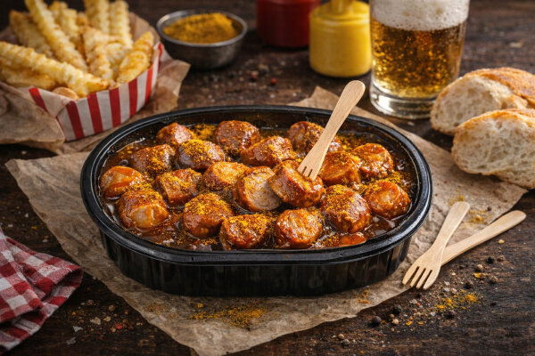 Curry Rostbratwurst in Sauce mit Currypulver & Pikser...